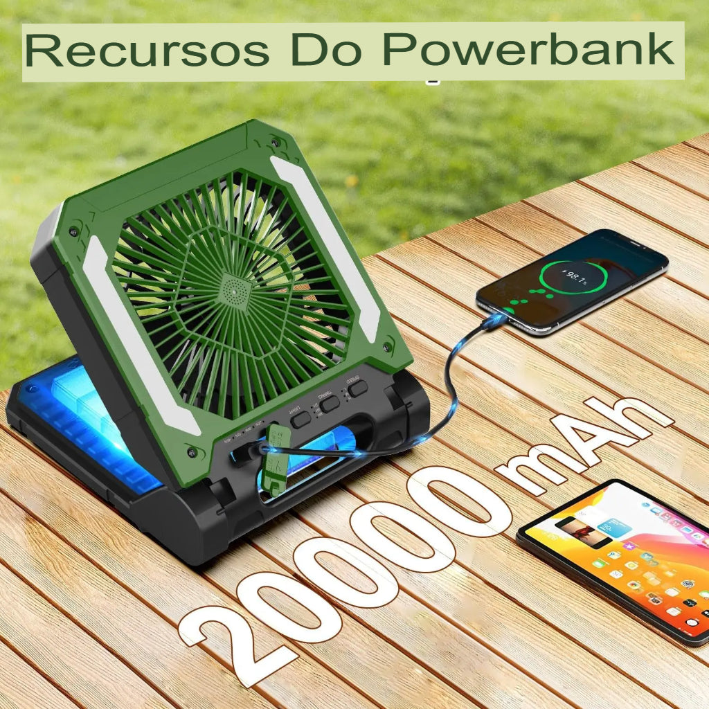 Ventilador Portátil com Bateria 20000mAh + Luz LED e Carregamento Solar
