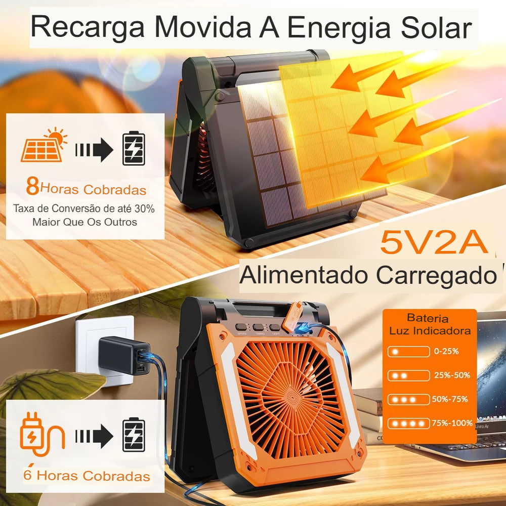 Ventilador Portátil com Bateria 20000mAh + Luz LED e Carregamento Solar
