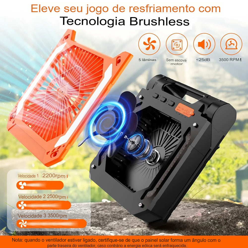 Ventilador Portátil com Bateria 20000mAh + Luz LED e Carregamento Solar
