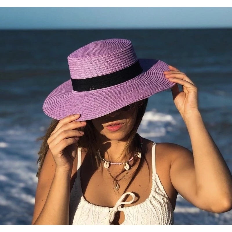 Chapéu Feminino para Praia de Palha Dobrável com Faixa