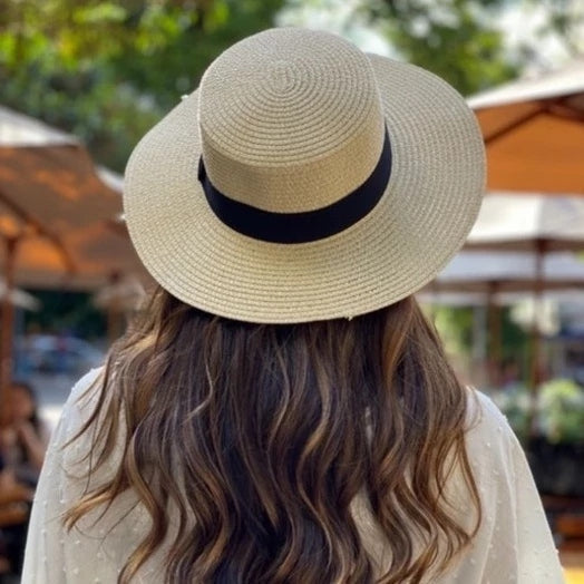 Chapéu Feminino para Praia de Palha Dobrável com Faixa