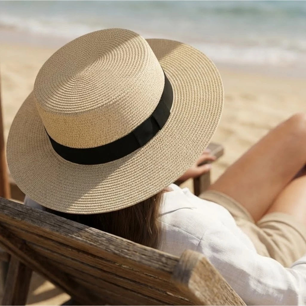 Chapéu Feminino para Praia de Palha Dobrável com Faixa
