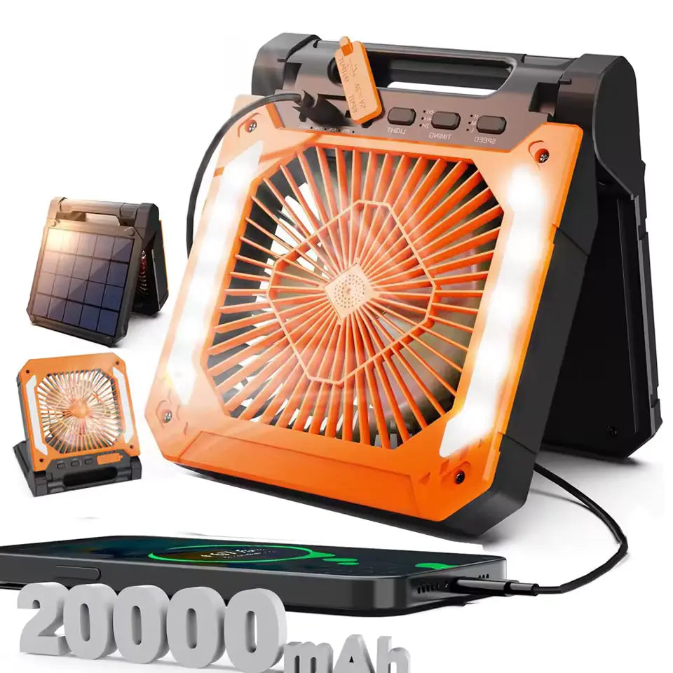 Ventilador Portátil com Bateria 20000mAh + Luz LED e Carregamento Solar
