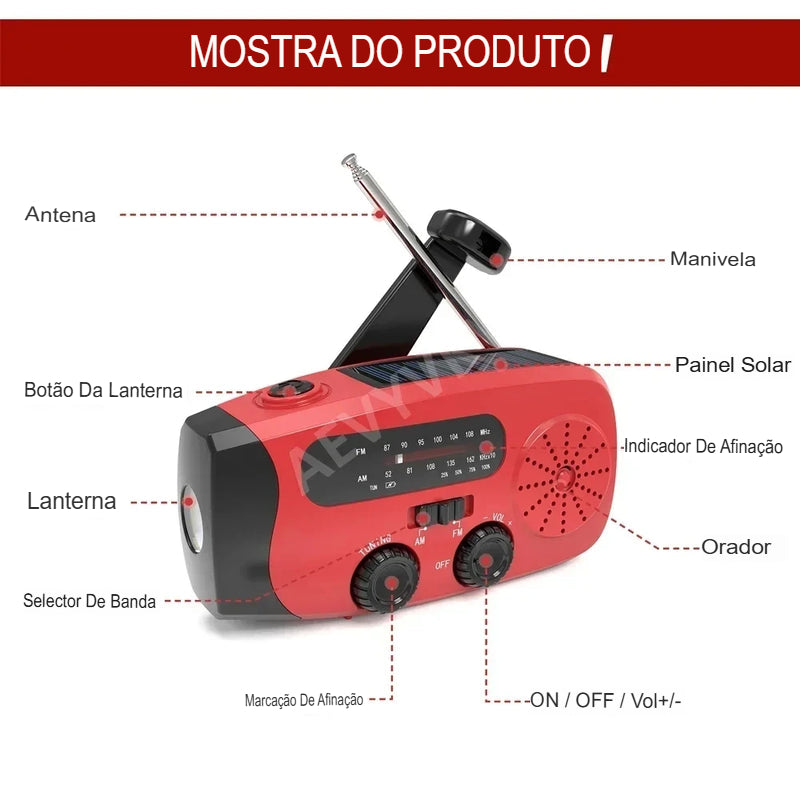 Rádio de Emergência Solar + Manivela "VITALINK" – Sua Conexão Vital em Apagões e Crises Globais