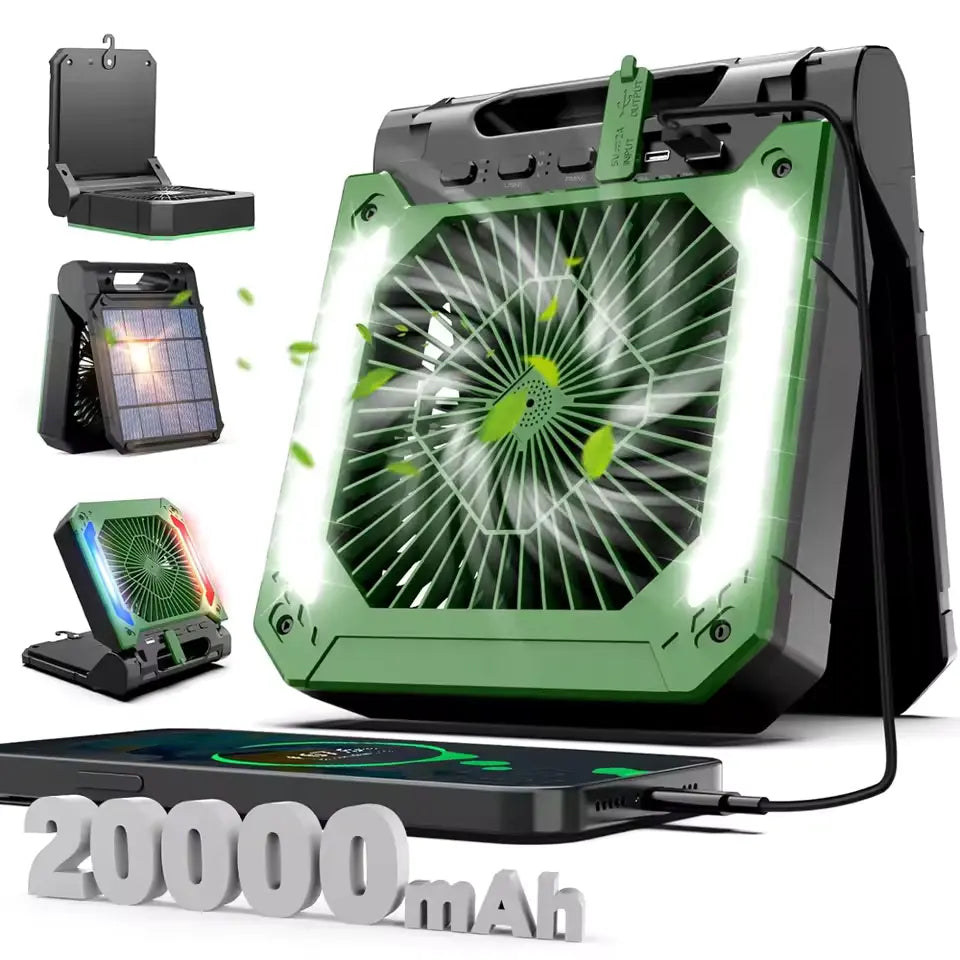Ventilador Portátil com Bateria 20000mAh + Luz LED e Carregamento Solar