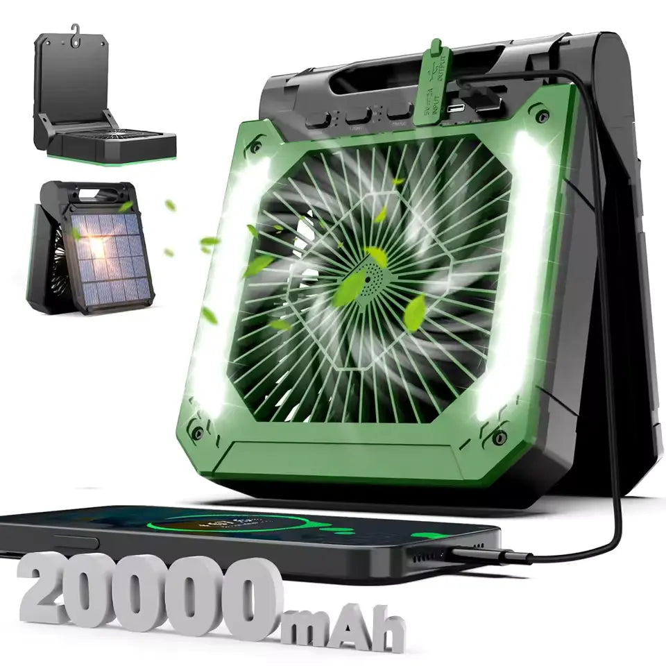 Ventilador Portátil com Bateria 20000mAh + Luz LED e Carregamento Solar