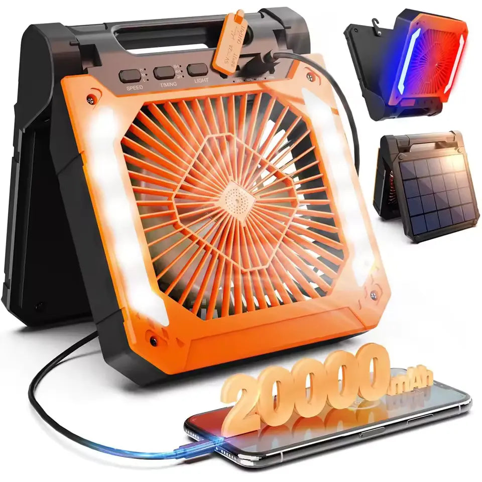 Ventilador Portátil com Bateria 20000mAh + Luz LED e Carregamento Solar