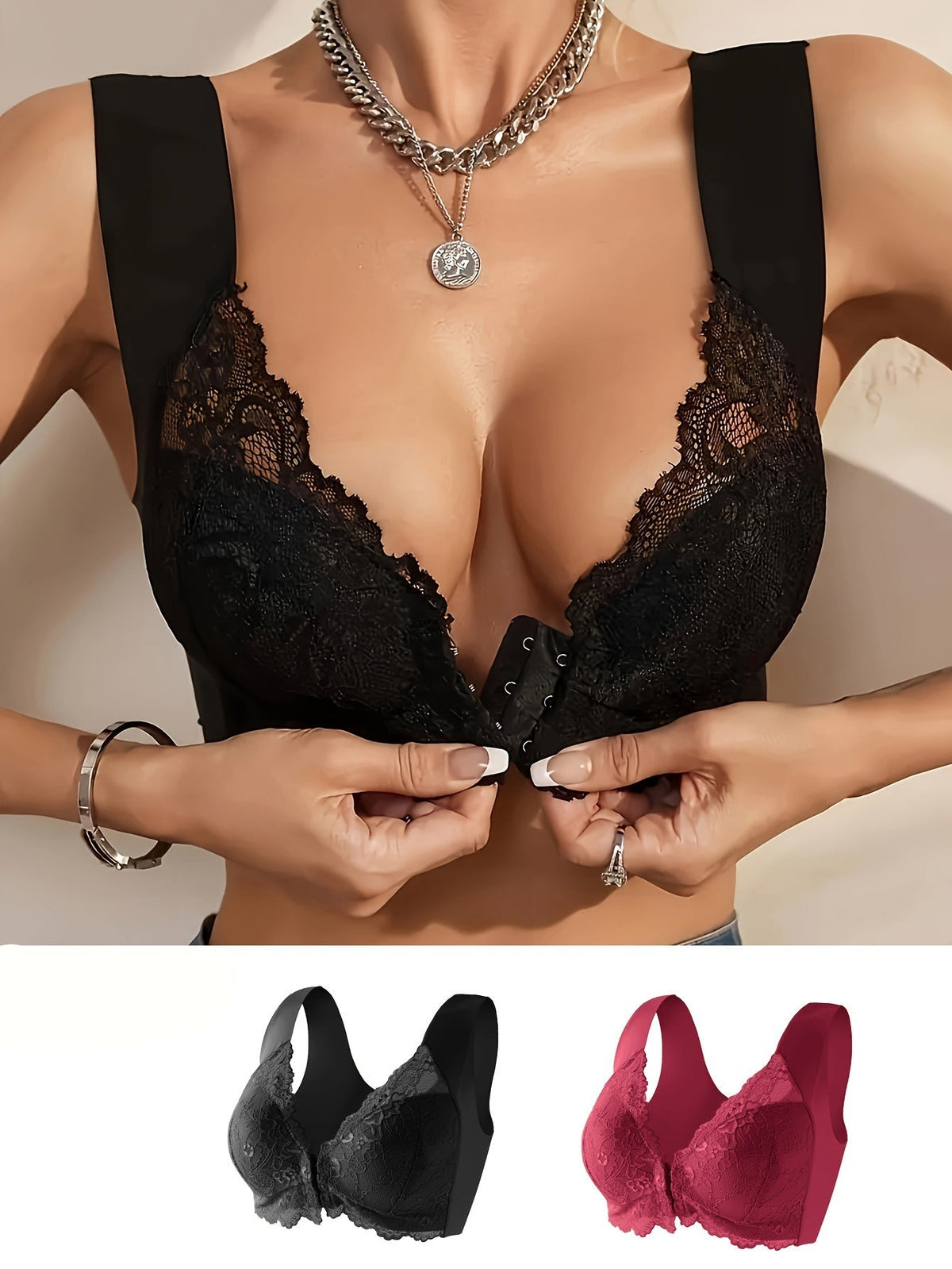Kit 2 Sutiãs de Renda Push Up com Fecho Frontal