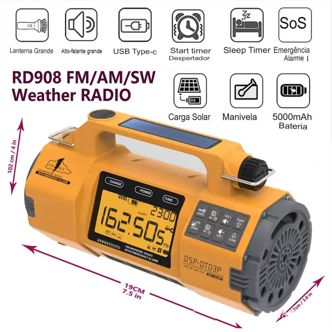 Rádio de Emergência Multifuncional ABAB – AM/FM/SW + Lanterna + Carregador USB