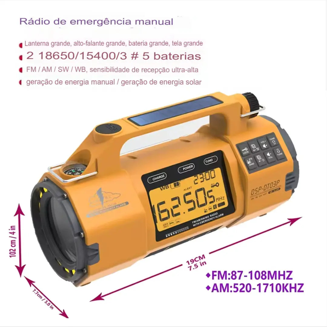 Rádio de Emergência Multifuncional ABAB – AM/FM/SW + Lanterna + Carregador USB