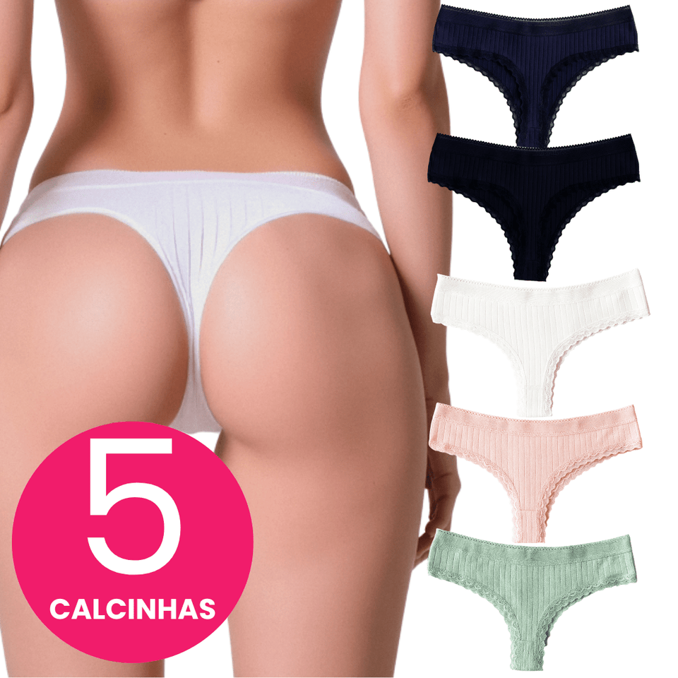Kit  Calcinhas de Algodão Canelado com Renda fio conforto - Liana